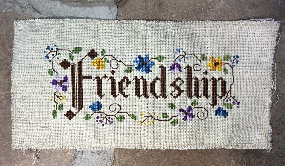 Vintage Grannycore cottage core Needlepoint Embroidered FRIENDSHIP panel 80’s 12
